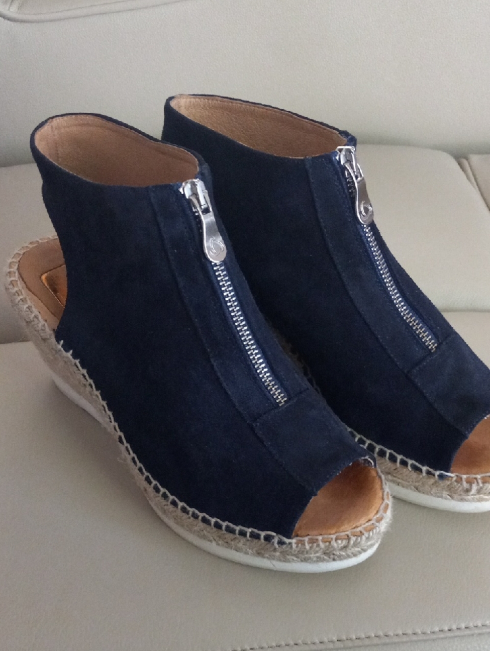 kanna  Emily Navy Suede Peep-Toe Wedge Sandals with Front Zipper Size EU 39 - Picture 3 of 15